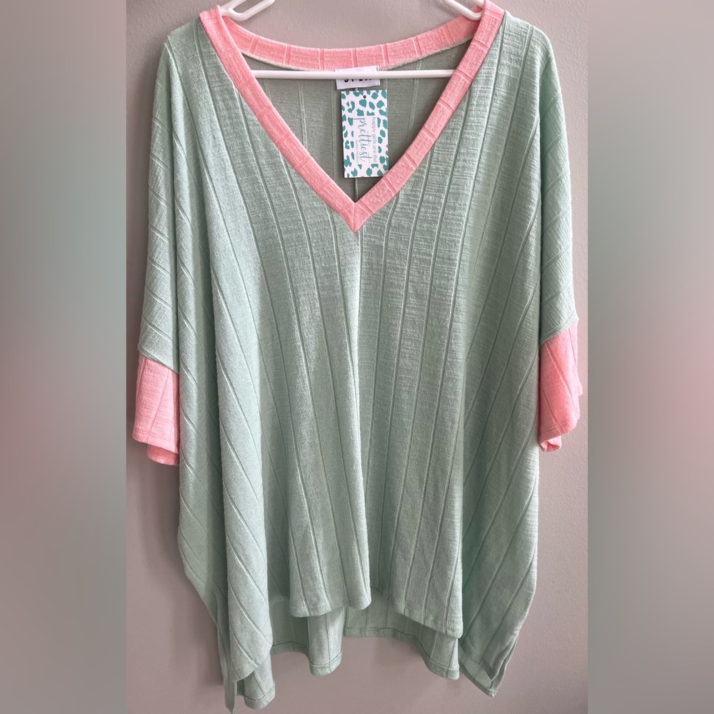 Mint & Pink V-Neck Knit Top - Relaxed Women's Tee
